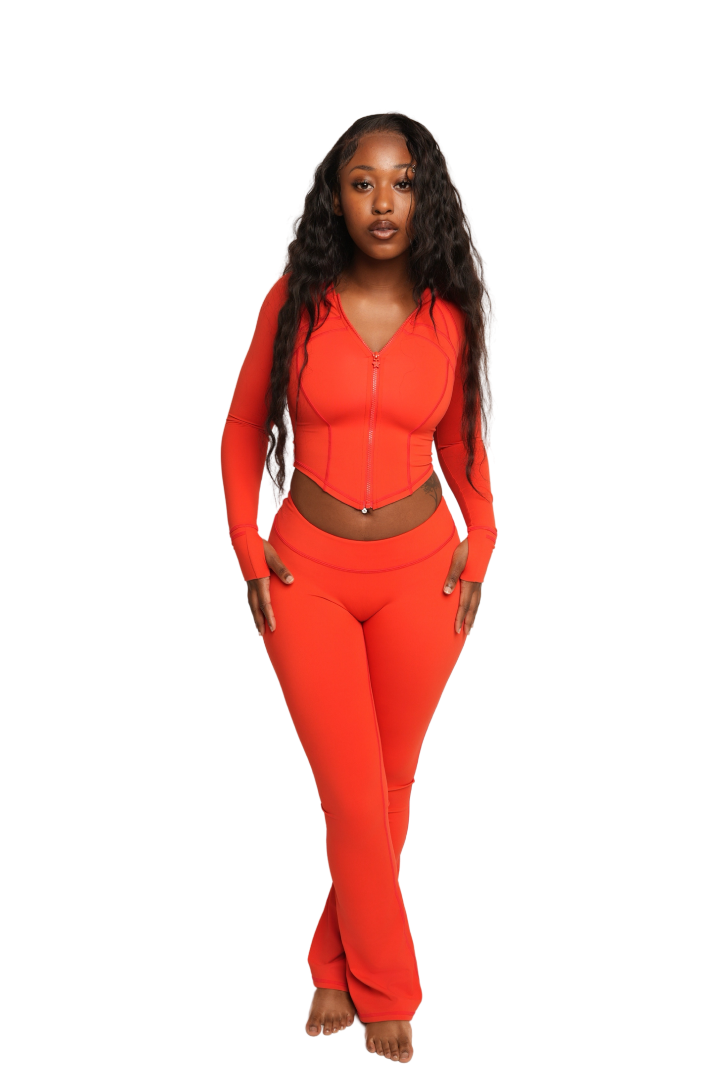 elastic-girl™ dip cut flare pant (goji berry)
